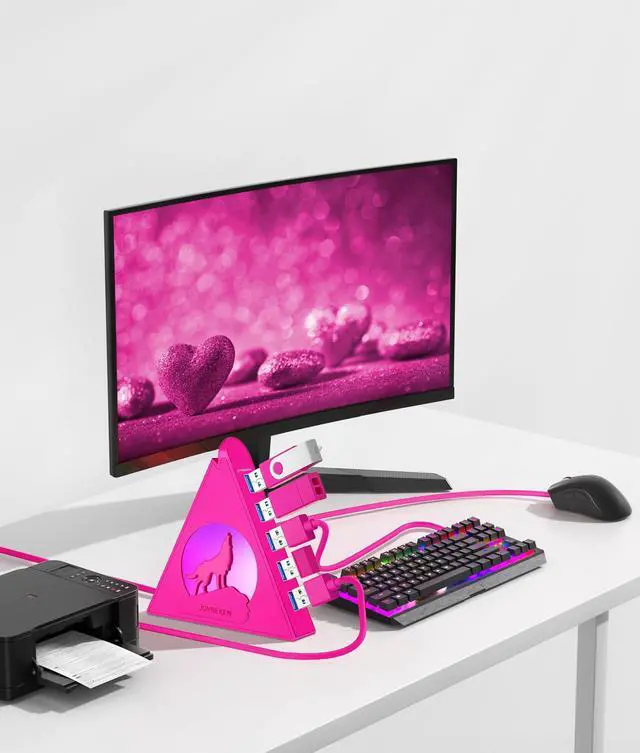 Alt view image 4 of 5 - 7-Port USB 3.0 Hub, JoyReken RGB USB Hub with RGB Night Light and 2ft Cable, USB Hub 3.0 Pink USB Expander for Laptop, PC, Flash Drive, HDD, Console, Printer, Keyboard, Mouse (Hot Pink)