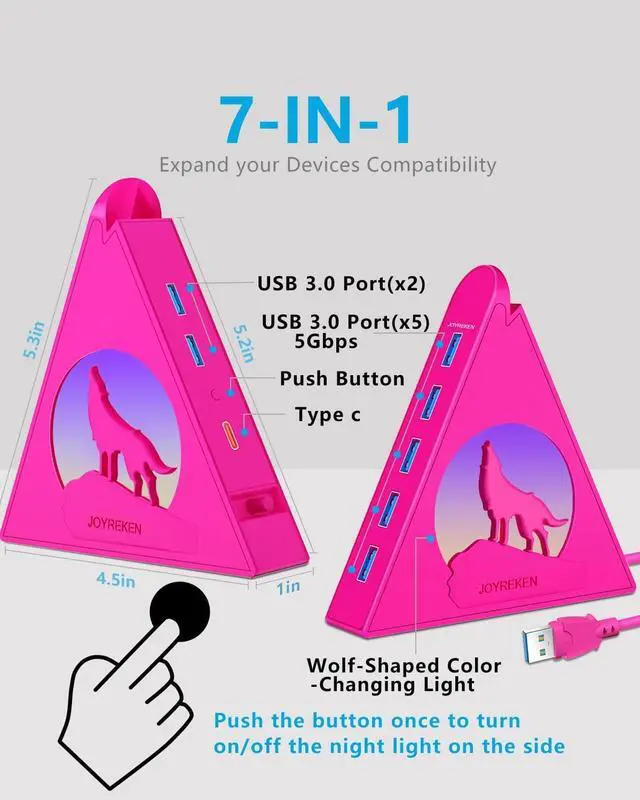 Alt view image 2 of 5 - 7-Port USB 3.0 Hub, JoyReken RGB USB Hub with RGB Night Light and 2ft Cable, USB Hub 3.0 Pink USB Expander for Laptop, PC, Flash Drive, HDD, Console, Printer, Keyboard, Mouse (Hot Pink)