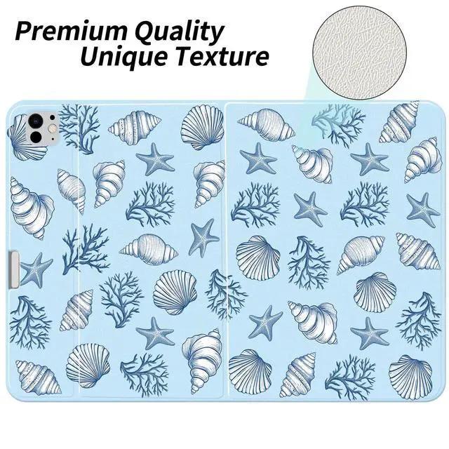 Alt view image 2 of 5 - AdorableWhimsy Ocean Seashell Case for iPad mini 7 (A17 Pro) 2024/iPad Mini 6 2021 8.3 Inch with Pencil Holder Folio Girly Blue Leather Cover Multi-Angle Viewing Stand Case Auto Sleep/Wake