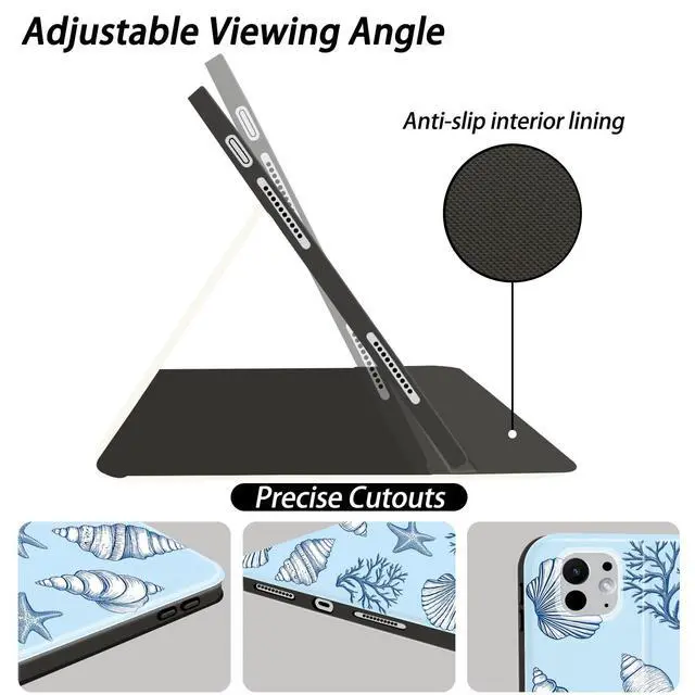 Alt view image 3 of 5 - AdorableWhimsy Ocean Seashell Case for iPad mini 7 (A17 Pro) 2024/iPad Mini 6 2021 8.3 Inch with Pencil Holder Folio Girly Blue Leather Cover Multi-Angle Viewing Stand Case Auto Sleep/Wake