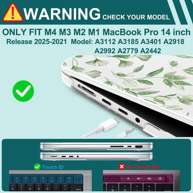 Alt view image 4 of 5 - Yebiseven for MacBook Pro 14 Inch Case M5 M4 M3 M2 M1 2025 2024-2021 Model A3434/A3112/A3401/A3185/A2918/A2992/A2779/A2442,Hard Shell with Keyboard Cover+Trackpad Film+OTG Adapter, Leafy