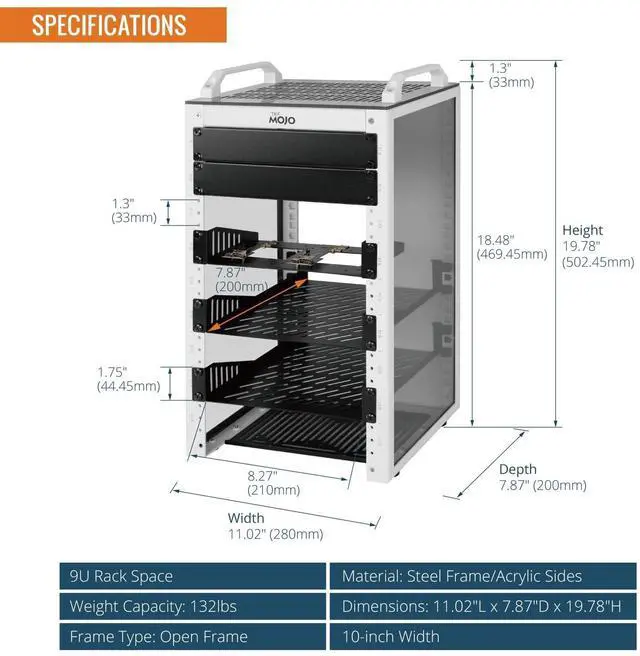 Alt view image 2 of 5 - Tecmojo 9U Network Rack, 10 inch Mini Server Rack with 2 Side Translucent Panels & 2 Top Handles, 7.87 inch Deep, for 10 inch IT Equipment & A/V Devices, White