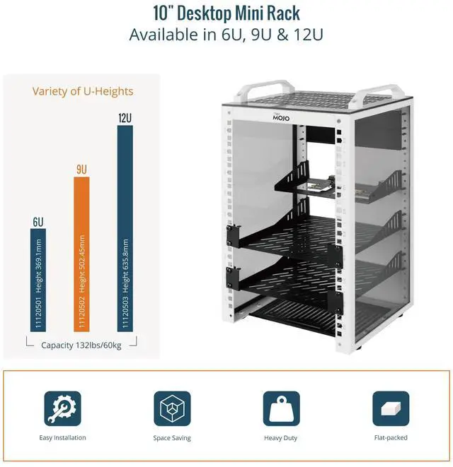 Alt view image 5 of 5 - Tecmojo 9U Network Rack, 10 inch Mini Server Rack with 2 Side Translucent Panels & 2 Top Handles, 7.87 inch Deep, for 10 inch IT Equipment & A/V Devices, White