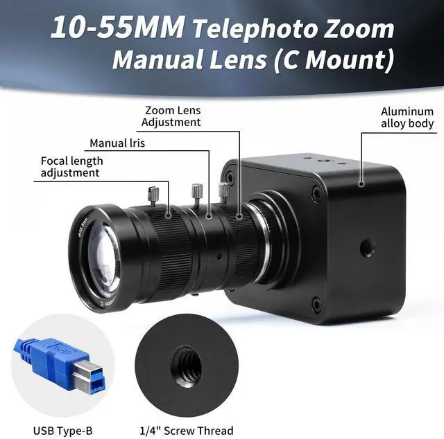 Alt view image 4 of 5 - MOKOSE USB Camera 4K, USB3.0 Manual Focus Webcam with C-Mount 10-55mm Telephoto Zoom Lens, IMX678 1/1.8" 8MP Sensor Support YUY2,Web Camera for Desktop Computer Laptop