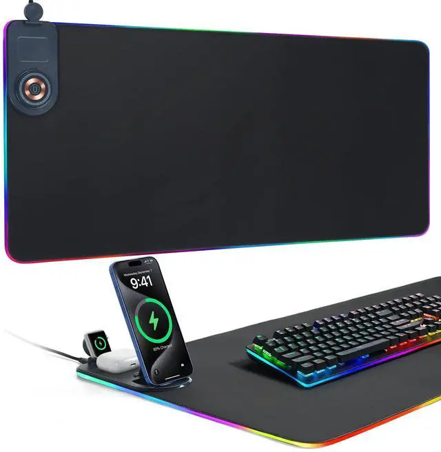 Main image of ELUTENG Mouse Pad with Phone Holder 4in1 Wireless Charging Desk Mat RGB Ultra-Smooth Gaming Mousepad Waterproof Home Office Large Desk Pad 31.5"x11.81" Large Desk Pad Non-Slip Base Keyboard Pad