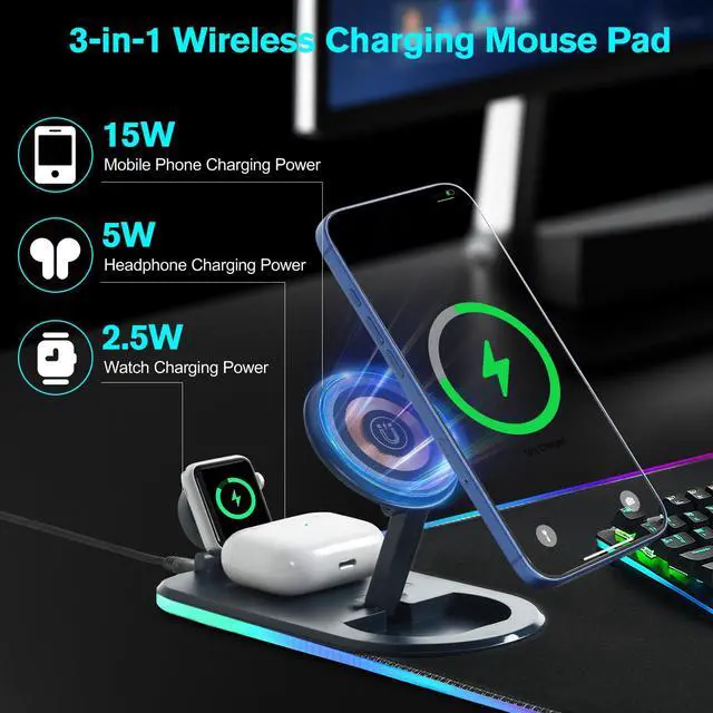 Alt view image 2 of 5 - ELUTENG Mouse Pad with Phone Holder 4in1 Wireless Charging Desk Mat RGB Ultra-Smooth Gaming Mousepad Waterproof Home Office Large Desk Pad 31.5"x11.81" Large Desk Pad Non-Slip Base Keyboard Pad