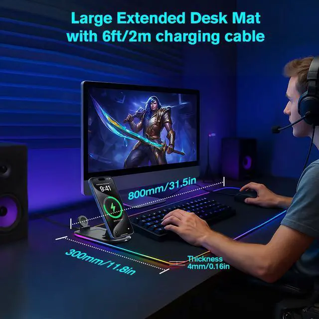 Alt view image 3 of 5 - ELUTENG Mouse Pad with Phone Holder 4in1 Wireless Charging Desk Mat RGB Ultra-Smooth Gaming Mousepad Waterproof Home Office Large Desk Pad 31.5"x11.81" Large Desk Pad Non-Slip Base Keyboard Pad