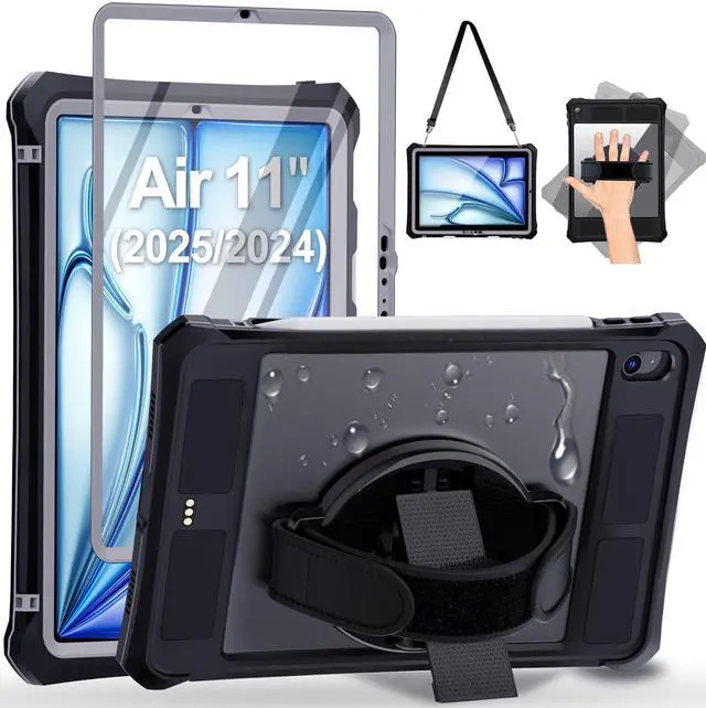 Main image of Waterproof Case for iPad Air 11 Inch Case M3/M2 (2025/2024) with Screen Protector with Pencil Holder & Stand & Shoulder Strap & Handle, Full-Body Rugged Cover, Black