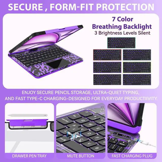 Alt view image 4 of 5 - JJM 360° Rotating Multi-Touch Trackpad, Transparent Case with Wireless Keyboard, Magnetic Pencil Holder (Y2K Transparent Purple, iPad Pro 13-in.(M4))