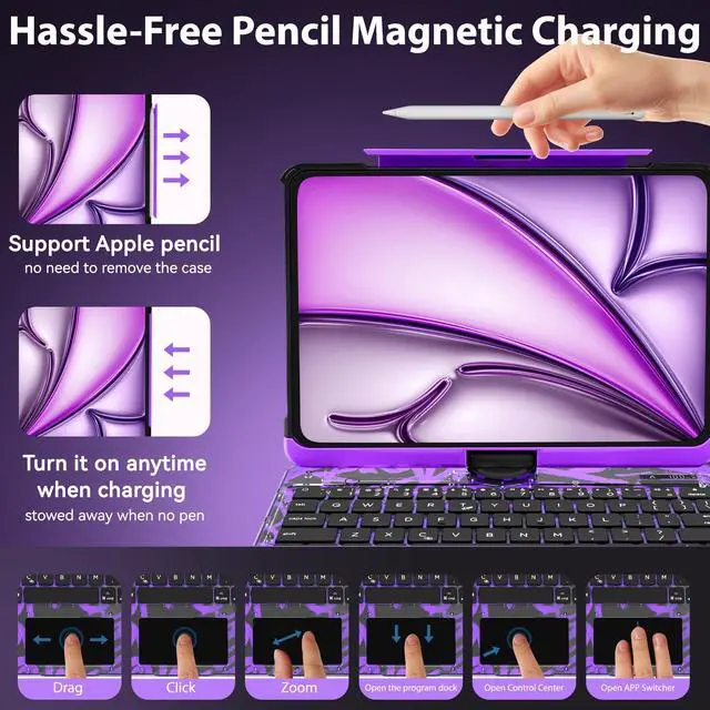 Alt view image 5 of 5 - JJM 360° Rotating Multi-Touch Trackpad, Transparent Case with Wireless Keyboard, Magnetic Pencil Holder (Y2K Transparent Purple, iPad Pro 13-in.(M4))
