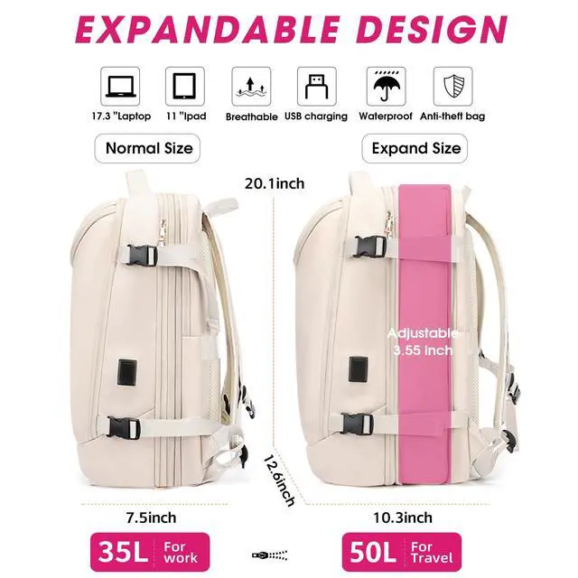 Alt view image 3 of 5 - TANGCORLE Travel Backpack for Women, 50L Extra Large Capacity Backpack with USB Charging Port, Expandable 17.3 inch Laptop Backpack Mochila Flight Approved, Casual Daypack for Weekender,Beige
