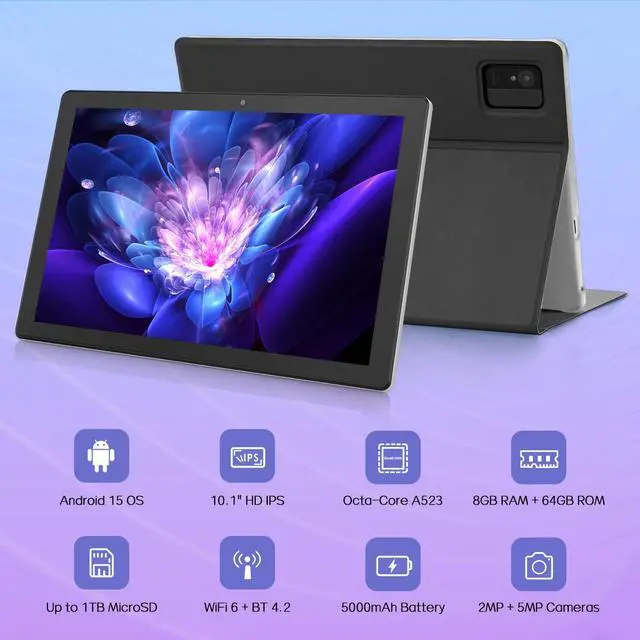 Alt view image 2 of 5 - Android Tablet, 10.1 inch Tablet with Case, Android 15 Tablets for Adults, Octa-Core, 8GB RAM 64GB ROM, 1TB Expandable, WiFi 6, GPS, Dual Camera, 5000mAh Battery  Silver