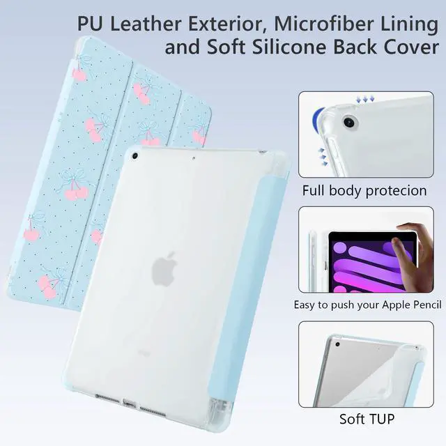 Alt view image 4 of 5 - BlHMCASE Cute Blue Bow Cherry for iPad mini 7 A17 Pro 2024/iPad Mini 6 Case with Pencil Holder, Auto Sleep/Wake, Blue Leather Soft TPU Back Cover