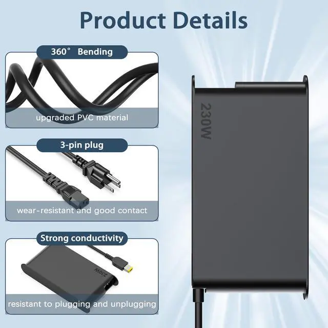 Alt view image 5 of 5 - 230W AC Adapter for L-enovo Legion 5 Charger, Compatible L-enovo with Legion 7 5P C7 S7 Y720 Y730 Y540 Y530 Y520 Y900 Y910 Y920,L-enovo Yoga 460 A940 Laptop Power Supply
