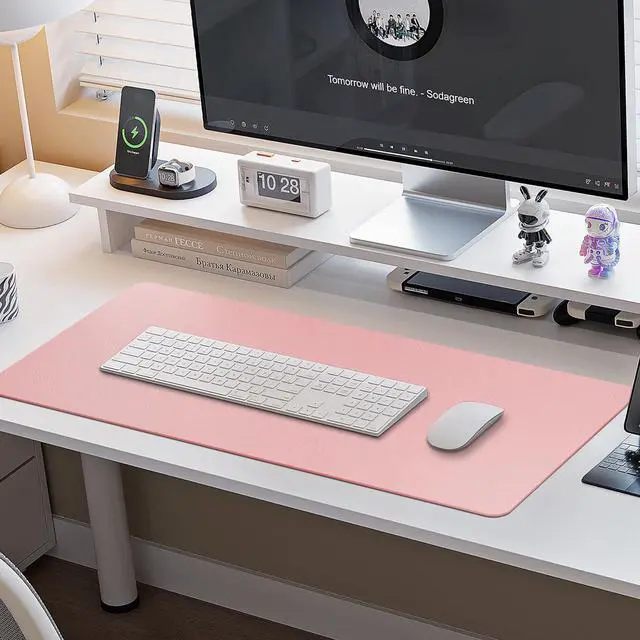 Alt view image 2 of 5 - Boutilon Leather Desk Pad Protector,Non-Slip Mouse Pad,Laptop Desk Pad,Office Mouse Mat,Waterproof Leather Desk Blotter,Desk Writing Pad for Office and Home (XXL-Pink,47.2"x 17")