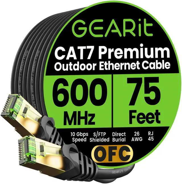 Main image of GEARit Cat7 Outdoor Ethernet Cable (75ft) SFTP Shielded Foil Twisted Pair, Pure Copper, LLDPE, Waterproof, Direct Burial, In-Ground, UV Resistant, POE, Network, LAN, Internet, Cat 7-75 Feet
