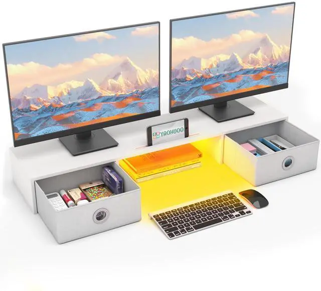 Main image of YAOHUOO Dual Monitor Stand with LED Light 2 Drawers, Computer Monitor Riser for 2 Monitors, Large Desktop Organzier with Storage for PC/Laptop/Computer/TV Screen/Printer