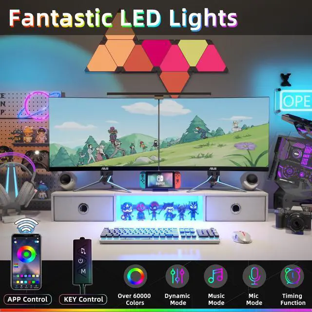 Alt view image 4 of 5 - YAOHUOO Dual Monitor Stand with LED Light 2 Drawers, Computer Monitor Riser for 2 Monitors, Large Desktop Organzier with Storage for PC/Laptop/Computer/TV Screen/Printer