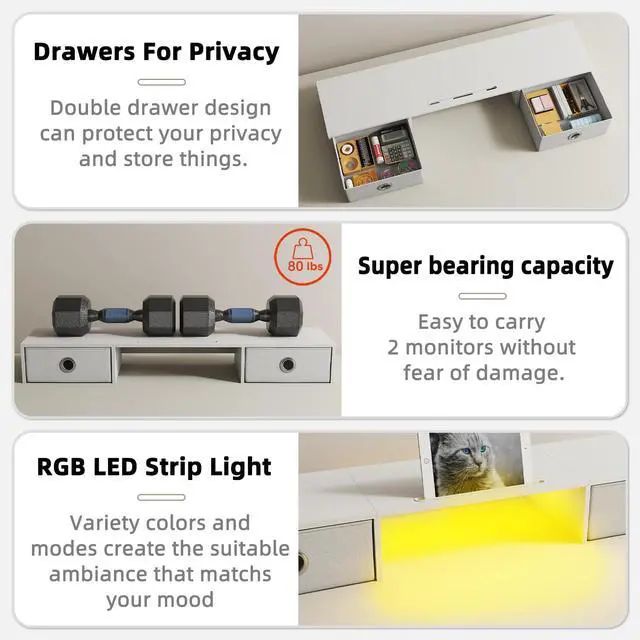 Alt view image 5 of 5 - YAOHUOO Dual Monitor Stand with LED Light 2 Drawers, Computer Monitor Riser for 2 Monitors, Large Desktop Organzier with Storage for PC/Laptop/Computer/TV Screen/Printer