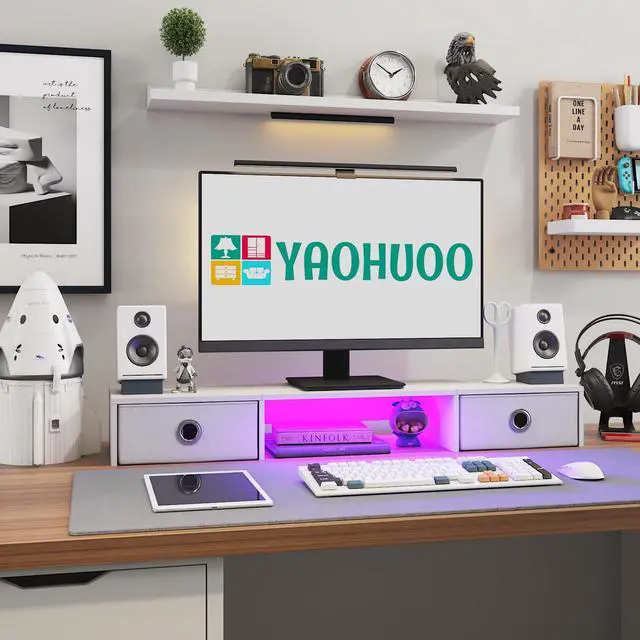 Alt view image 2 of 5 - YAOHUOO Dual Monitor Stand with LED Light 2 Drawers, Computer Monitor Riser for 2 Monitors, Large Desktop Organzier with Storage for PC/Laptop/Computer/TV Screen/Printer