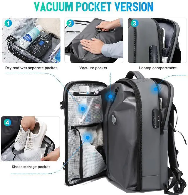 Alt view image 3 of 5 - BANGE Travel Backpack with Vacuum Pocket and TSA lock version can hold 15.6 inch Laptop suitable Overnight Flight Approved Anti-theft Bag