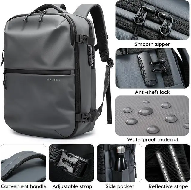 Alt view image 5 of 5 - BANGE Travel Backpack with Vacuum Pocket and TSA lock version can hold 15.6 inch Laptop suitable Overnight Flight Approved Anti-theft Bag