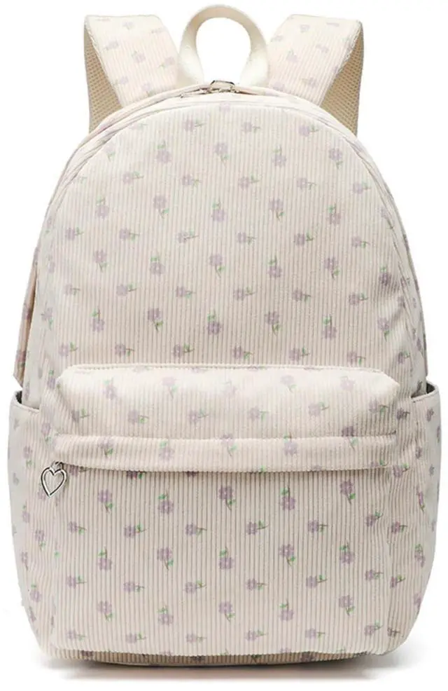 MININAI Kawaii Corduroy Backpack for Women Cute Floral Print Aesthetic Travel Book Bag Coquette Preppy College Laptop Daypack (Purple Flower)