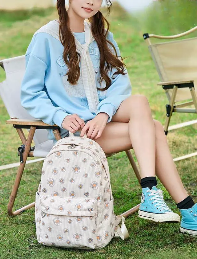 Alt view image 3 of 5 - MININAI Kawaii Corduroy Backpack for Women Cute Floral Print Aesthetic Travel Book Bag Coquette Preppy College Laptop Daypack (Purple Flower)