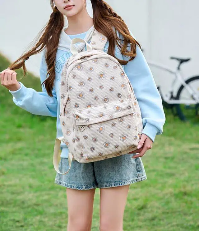 Alt view image 4 of 5 - MININAI Kawaii Corduroy Backpack for Women Cute Floral Print Aesthetic Travel Book Bag Coquette Preppy College Laptop Daypack (Purple Flower)