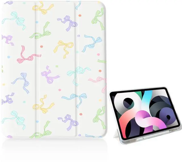 Main image of Girly Rainbow Bow Dot Case for iPad 11 inch (A16 Chip) 2025 Generation 11th/iPad 10.9 inch 2022 10th Gen with Pencil Holder and Auto Sleep/Wake,White Leather Soft TPU Back Shell Stand Cover