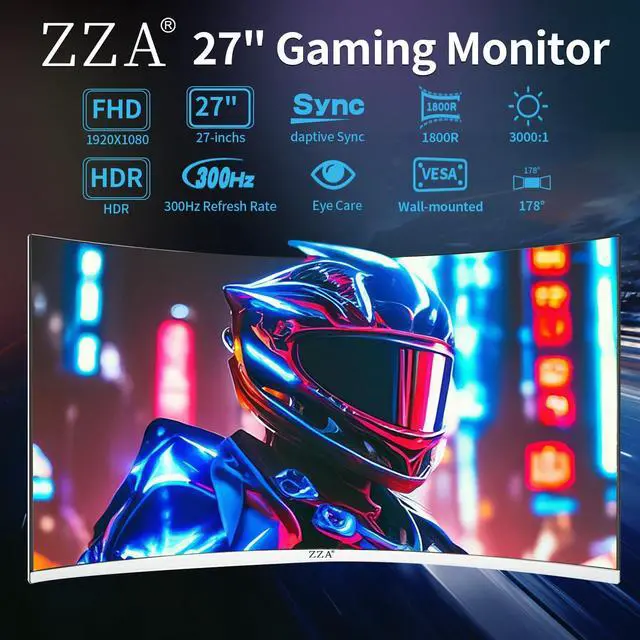 Alt view image 3 of 5 - ZZA 27" Curved Gaming Monitor 300HZ Computer Monitor, FHD 1080p 1ms 1800R VA Screen, 99% sRGB, Support AMD FreeSync, Blue Light Filter, HDMI*2 & DP*2, VESA Mounting Compliant- White