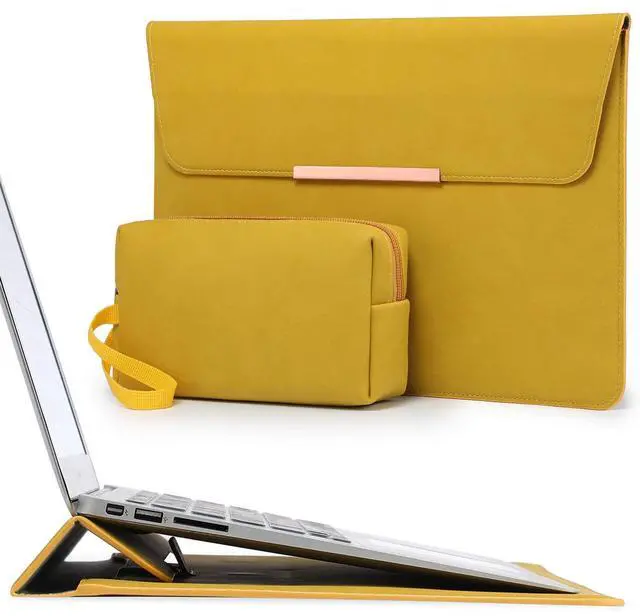 Main image of HYZUO 15 Inch Laptop Sleeve Case with Stand Feature for MacBook Air 15 M4 A3241 M3 A3114 M2 A2941 2025-2023, MacBook Pro 15, 15" Surface Laptop 7/6/5/4/3, with Carrying Pouch, Olive Yellow(Smiley)