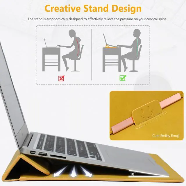 Alt view image 3 of 5 - HYZUO 15 Inch Laptop Sleeve Case with Stand Feature for MacBook Air 15 M4 A3241 M3 A3114 M2 A2941 2025-2023, MacBook Pro 15, 15" Surface Laptop 7/6/5/4/3, with Carrying Pouch, Olive Yellow(Smiley)