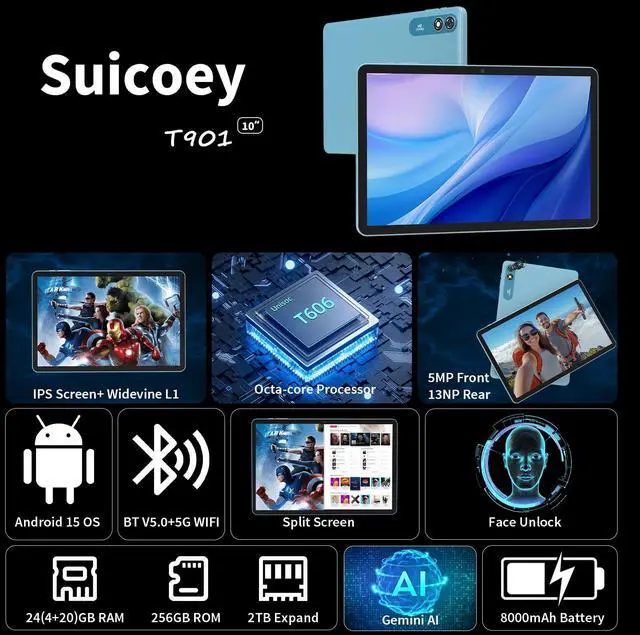 Alt view image 2 of 5 - Tablet with Keyboard - 24GB RAM+256GB ROM(2TB Expand), Android 15 Tablet with Octa Core, 5G/2.4G WiFi, 8000mAh, BT V5.0, with Case, Mouse, Stylus, Split-Screen, Widevine L1, Face Unlock(Pink Case)