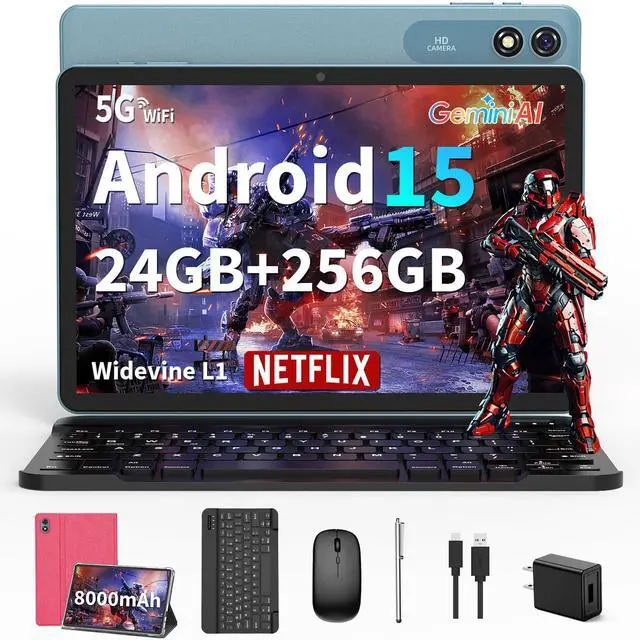 Main image of Tablet with Keyboard - 24GB RAM+256GB ROM(2TB Expand), Android 15 Tablet with Octa Core, 5G/2.4G WiFi, 8000mAh, BT V5.0, with Case, Mouse, Stylus, Split-Screen, Widevine L1, Face Unlock(Pink Case)
