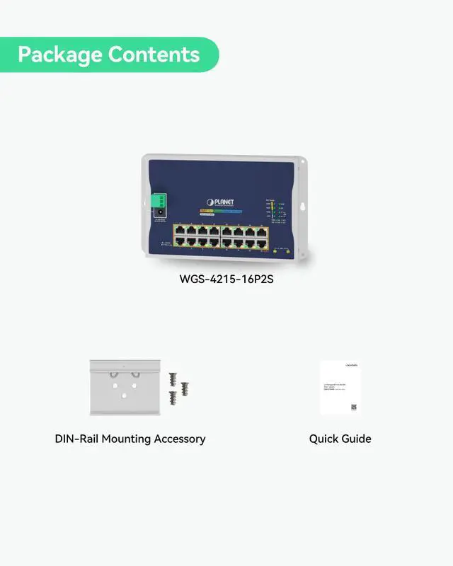 Alt view image 4 of 4 - Planet WGS-4215-16P2S Industrial Flat Wall Mount L2 Managed 16-Port PoE Switch, 240W Total PoE Budget, VLAN, QoS, ERPS Ring, MQTT, 820ft Extend Mode, Dual Power Input for Compact Harsh Environment
