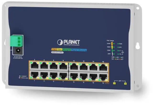 Main image of Planet WGS-4215-16P2S Industrial Flat Wall Mount L2 Managed 16-Port PoE Switch, 240W Total PoE Budget, VLAN, QoS, ERPS Ring, MQTT, 820ft Extend Mode, Dual Power Input for Compact Harsh Environment