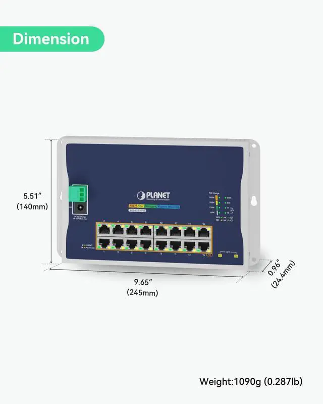 Alt view image 3 of 4 - Planet WGS-4215-16P2S Industrial Flat Wall Mount L2 Managed 16-Port PoE Switch, 240W Total PoE Budget, VLAN, QoS, ERPS Ring, MQTT, 820ft Extend Mode, Dual Power Input for Compact Harsh Environment