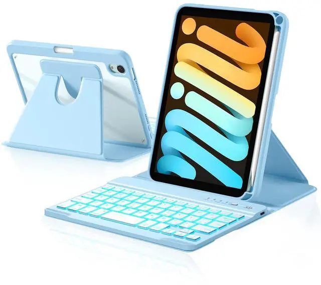 Main image of Harvopu for iPad mini 7 A17 Pro/6 Generation Keyboard Case 2024/2021 8.3 Inch,360° Rotating Clear Back Cover with 7 Color Backlit Detachable Keyboard, Pencil Holder for iPad mini 7th/6th Gen,SkyBlue