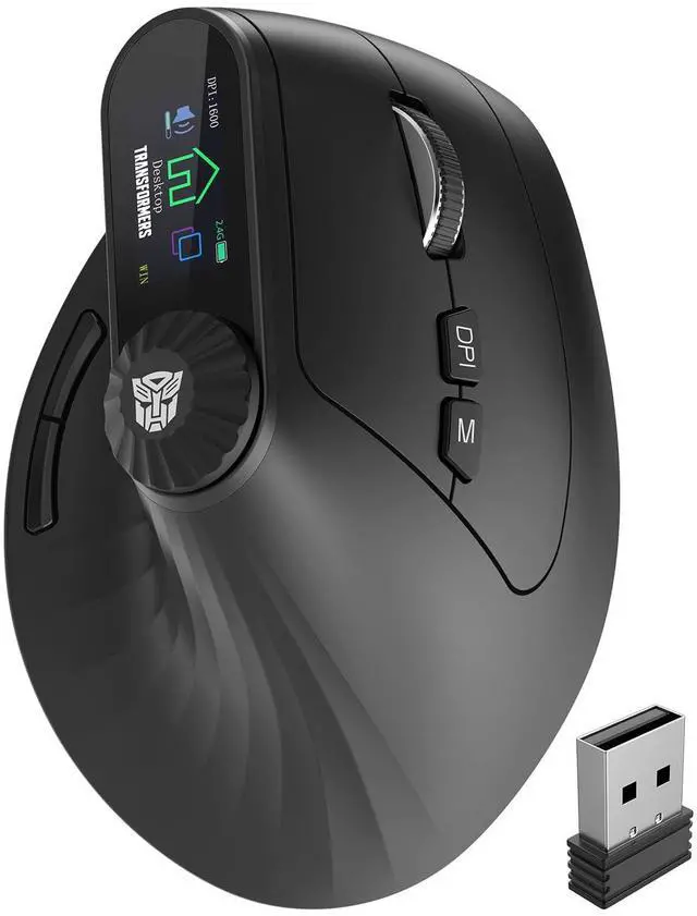 Main image of Transformers Vertical Ergonomic Mouse with LED Screen & Knob Control, Rechargeable Vertical Mouse Wireless, 3-Device Connectivity (2.4G + Dual Bluetooth), Quiet Clicks, Computer Mice for PC/Mac/Laptop