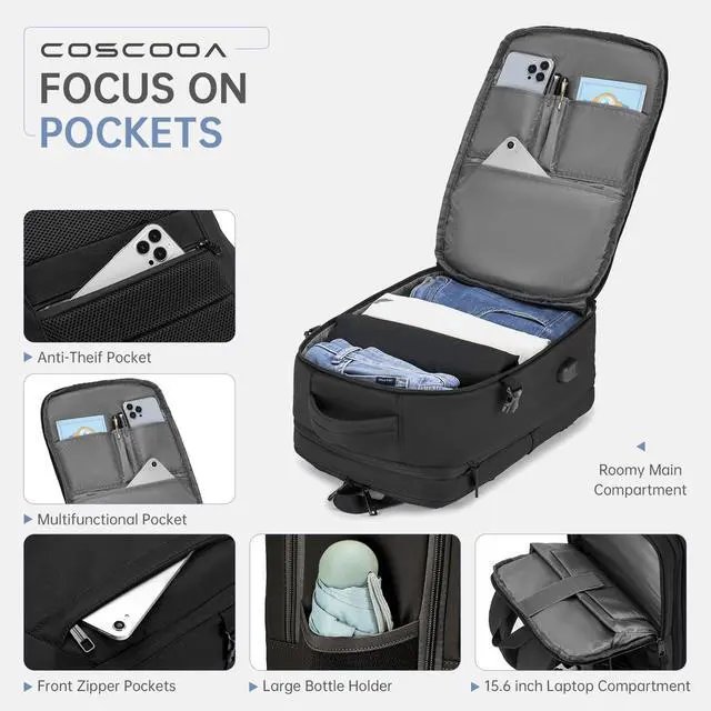 Alt view image 3 of 5 - COSCOOA Expandable Travel Backpack 20-30L,Cabin Size United Airlines Personal Item Bag 17x10x9 inch,Flight Approved Underseat Ryanair 40x20x25 CM Carry on Luggage Bag,Mochila de Viaje