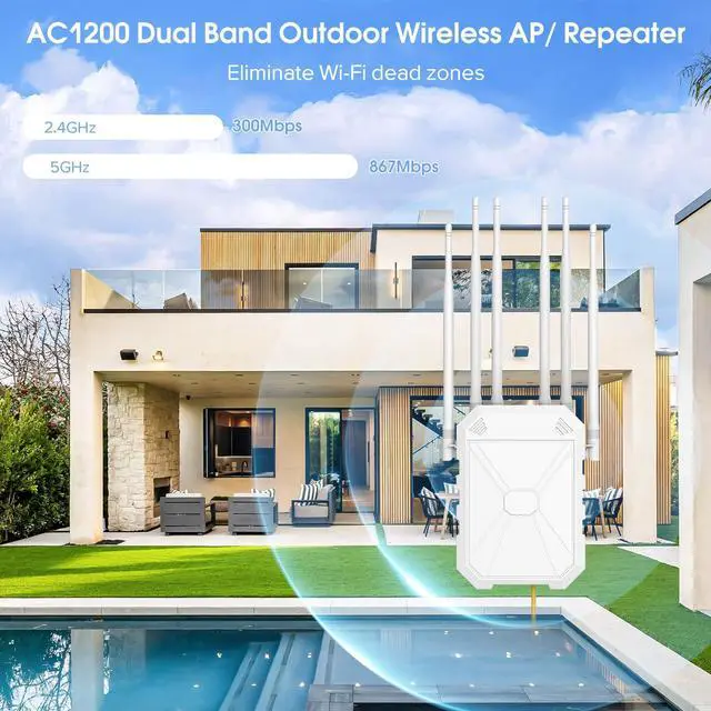 Alt view image 2 of 5 - AC1200 Outdoor WiFi Extender, 5GHz and 2.4GHz Long Range Outdoor WiFi Extender Signal Booster with 6 Antennas, Outdoor WiFi Access Point, IP67 Weatherproof, Passive PoE, for Starlink, Camping, Yard