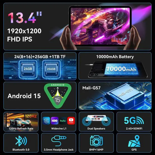 Alt view image 2 of 5 - VekfulPC 13.4 inch Best Android 15 Tablets 2025 with Keyboard and Pen,13+ inch Large Screen 2-in-1 Tablet PC with Case, Stylus, Mouse | Gemini AI Gaming Tablet, 24GB+256GB, 120Hz, Octa-Core, 10000mAh