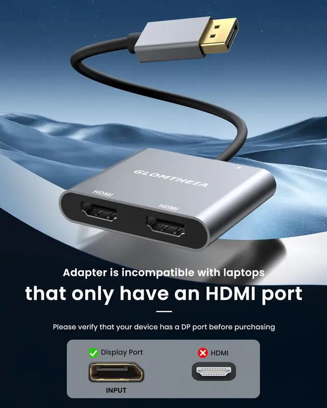 Alt view image 4 of 5 - Glomtheia 4K 60Hz DisplayPort to Dual HDMI Adapter, MST Splitter for Dual Monitor Extender, Supports Extended & Mirror Mode, Plug and Play, USB Power Cable Included