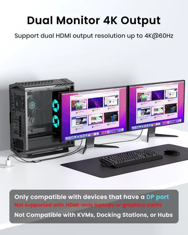 Alt view image 3 of 5 - Glomtheia 4K 60Hz DisplayPort to Dual HDMI Adapter, MST Splitter for Dual Monitor Extender, Supports Extended & Mirror Mode, Plug and Play, USB Power Cable Included