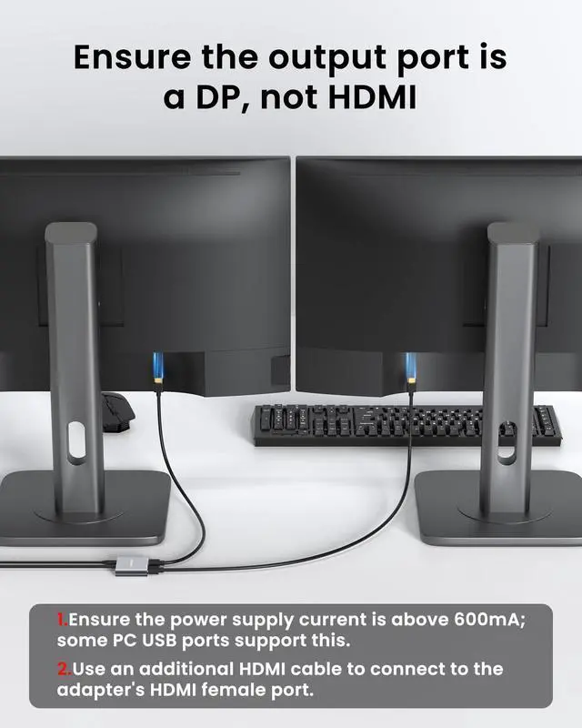 Alt view image 5 of 5 - Glomtheia 4K 60Hz DisplayPort to Dual HDMI Adapter, MST Splitter for Dual Monitor Extender, Supports Extended & Mirror Mode, Plug and Play, USB Power Cable Included
