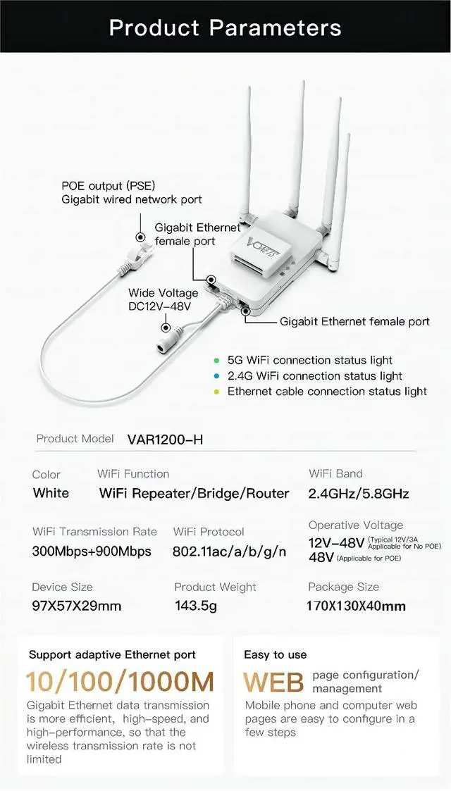Alt view image 4 of 5 - VONETS Gigabit WiFi Router Wireless Bridge Ethernet Repeater/Dual Band 2.4GHz/5GHz RJ45 WiFi Adapter Range Extender 3 Gigabit POE/DC Powered for DVR Robots Industrial IoT Network Devices VAR1200-H