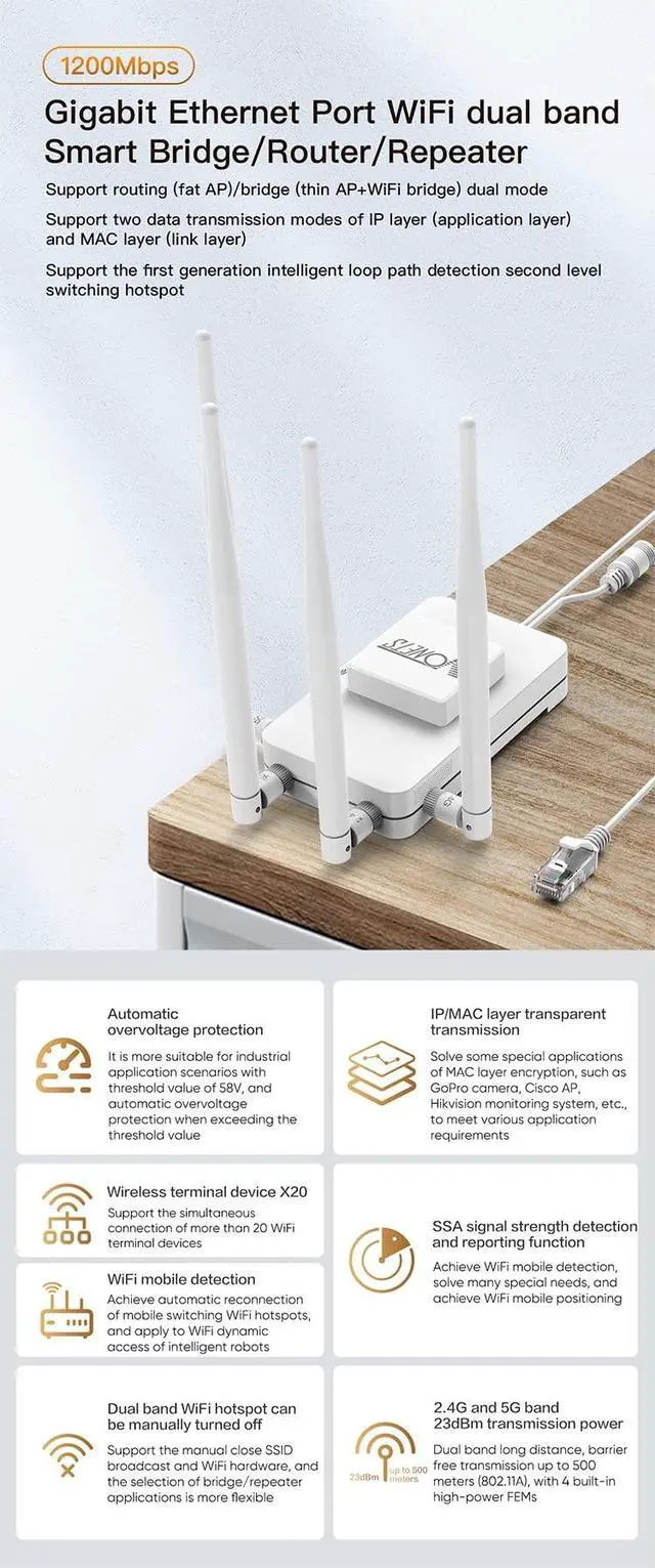 Alt view image 2 of 5 - VONETS Gigabit WiFi Router Wireless Bridge Ethernet Repeater/Dual Band 2.4GHz/5GHz RJ45 WiFi Adapter Range Extender 3 Gigabit POE/DC Powered for DVR Robots Industrial IoT Network Devices VAR1200-H
