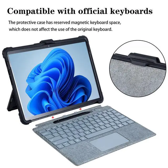 Alt view image 4 of 5 - ZEERSIDEND for Microsoft Surface Pro8 Tablet Protective Case 13 inches 2021, Thicken and Rugged Cover with Stand Case, Compatible Keyboard Cover, Including Hand Strap Shoulder,Black