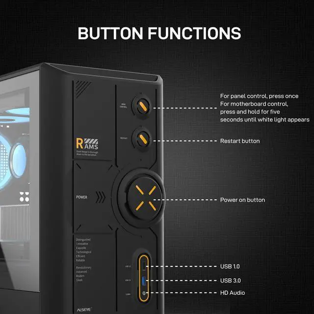 Alt view image 2 of 5 - ALSEYE Rams2.0 Mid Tower PC Case Micro-ATX/ITX MATX Tempered Glass Side Panel, ARGB Control Dust Filters Support 180mm CPU Cooler/305mm GPU/160mm PSU 6x120mm Fans, 240mm Top Radiator (Black)